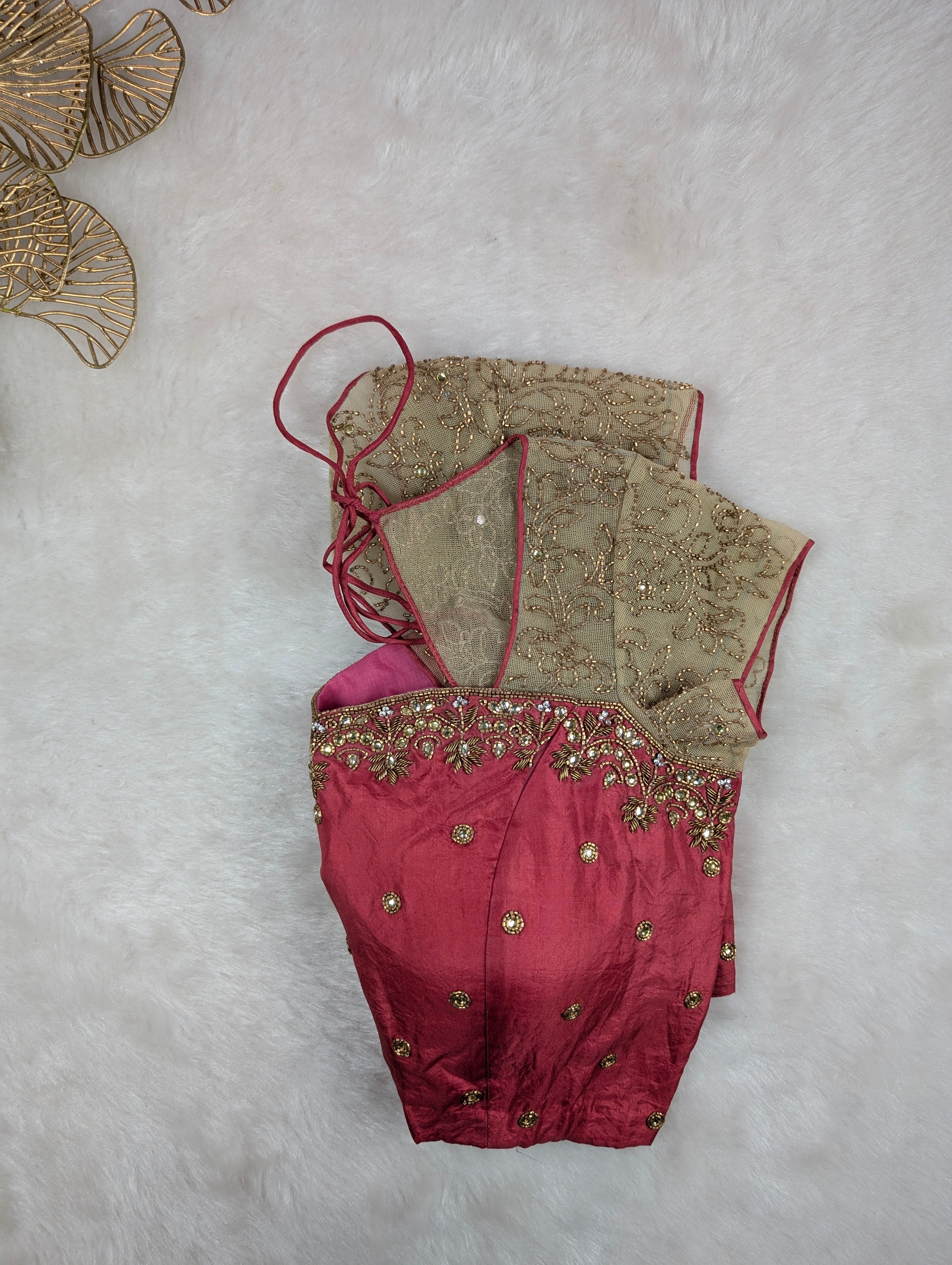 Pink Embroidered Blouse with Net Sleeves