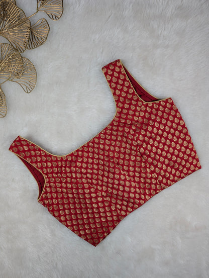 Red Brocade Blouse with Golden Zari Weave