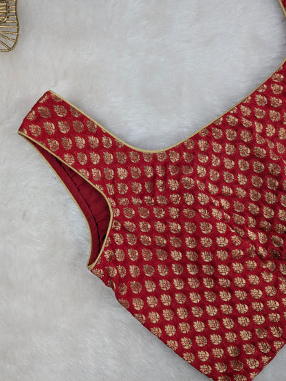 Red Brocade Blouse with Golden Zari Weave