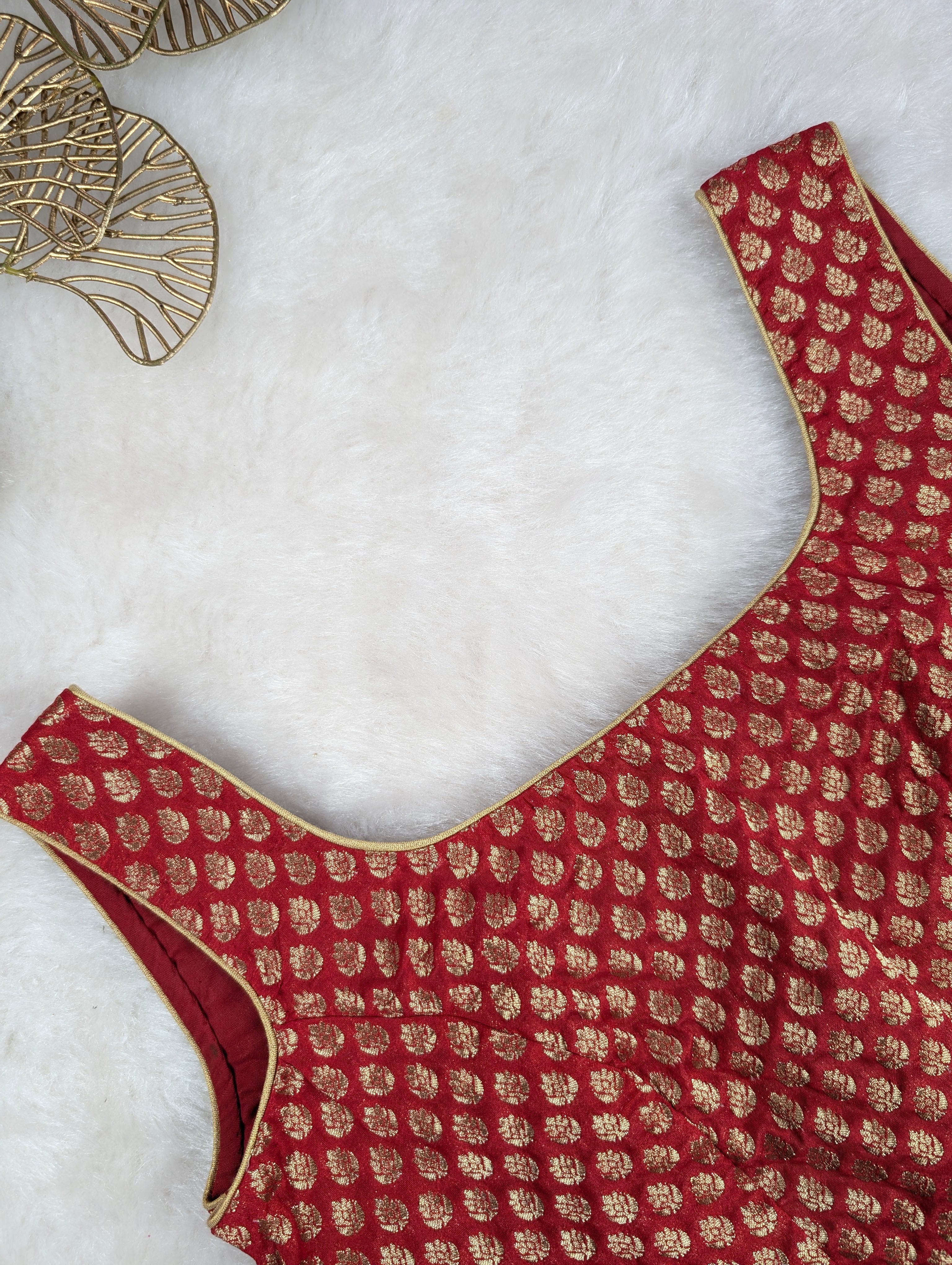 Red Brocade Blouse with Golden Zari Weave