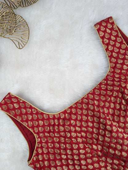 Red Brocade Blouse with Golden Zari Weave