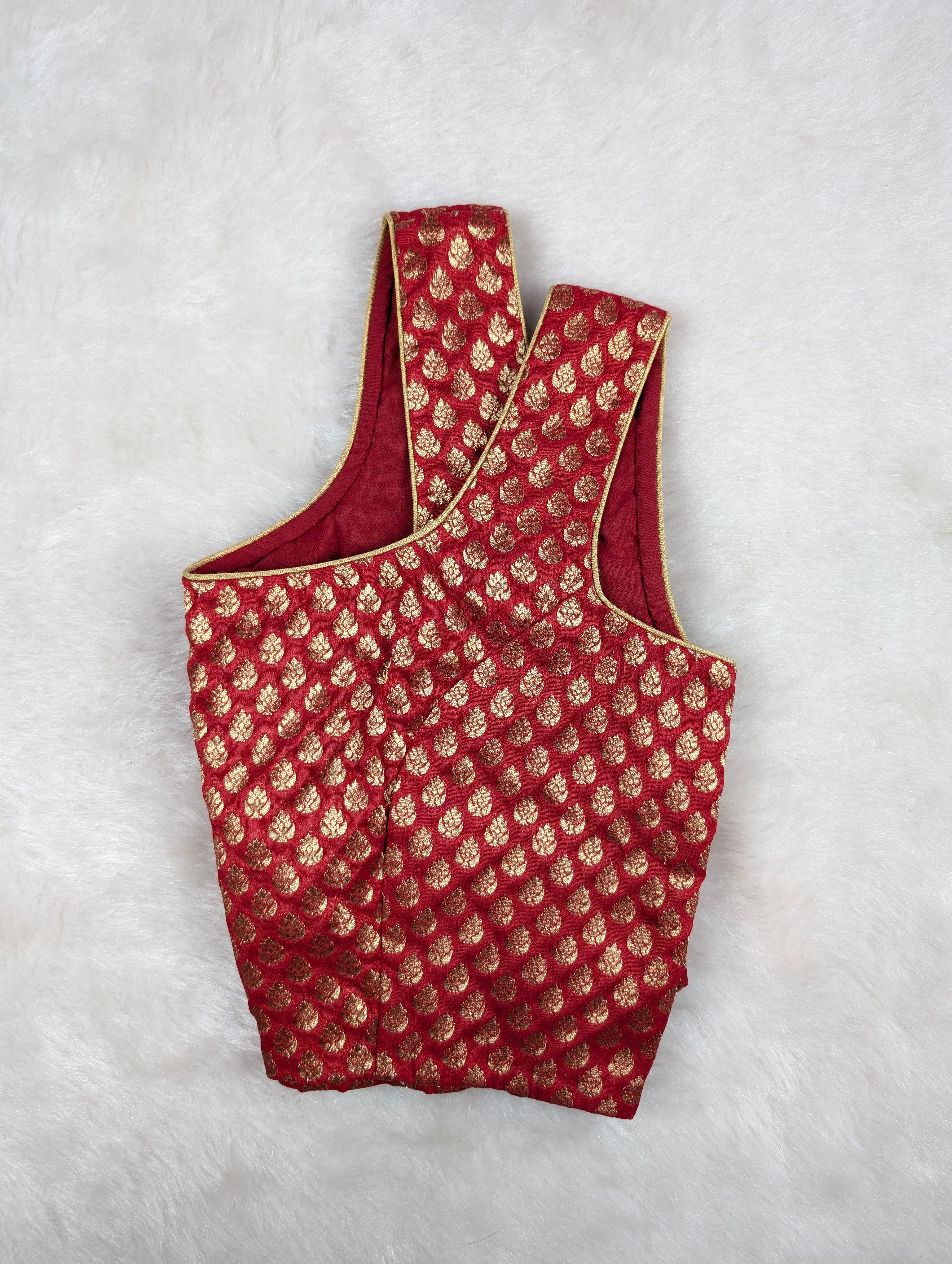 Red Brocade Blouse with Golden Zari Weave