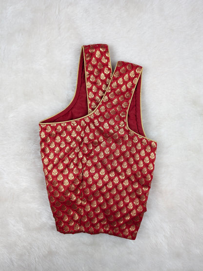 Red Brocade Blouse with Golden Zari Weave