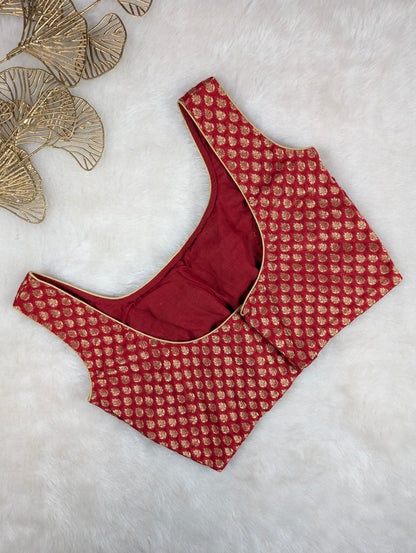 Red Brocade Blouse with Golden Zari Weave