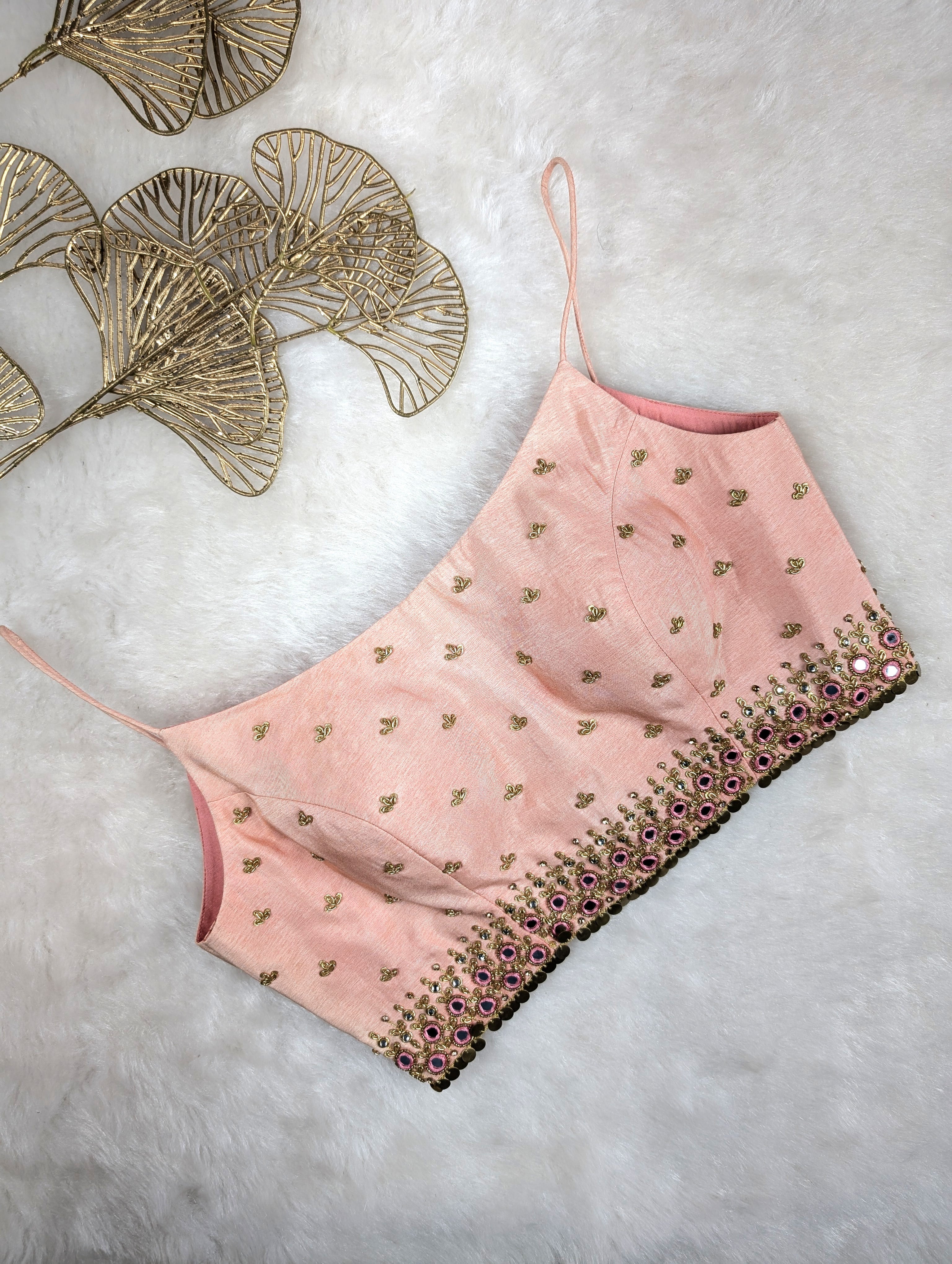 Light Peach Spaghetti Blouse with Mirror and Thread Work