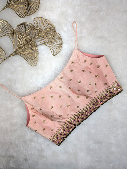 Light Peach Spaghetti Blouse with Mirror and Thread Work