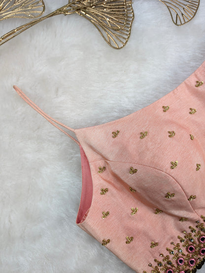 Light Peach Spaghetti Blouse with Mirror and Thread Work