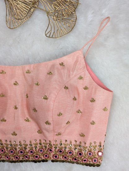 Light Peach Spaghetti Blouse with Mirror and Thread Work