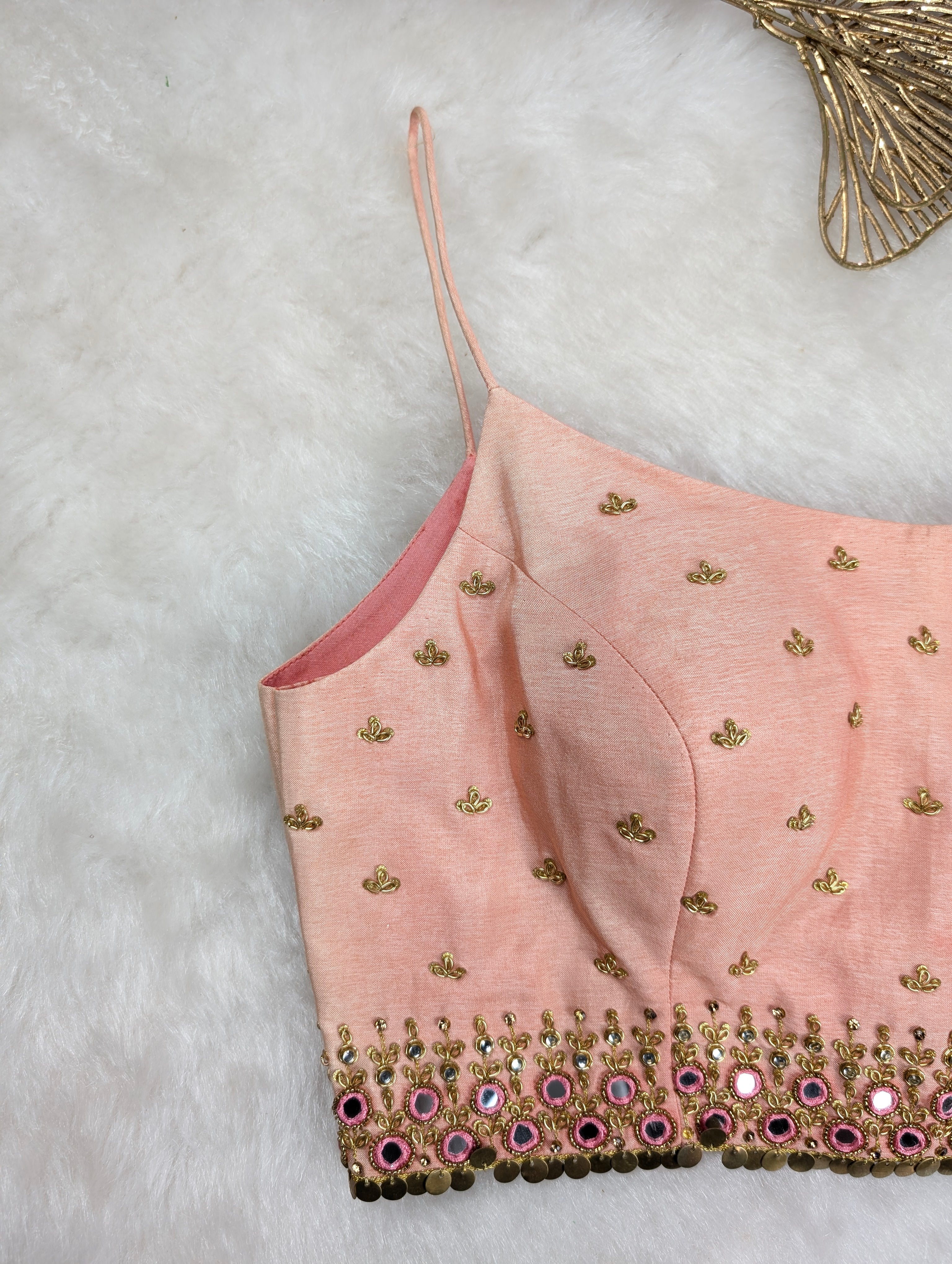 Light Peach Spaghetti Blouse with Mirror and Thread Work