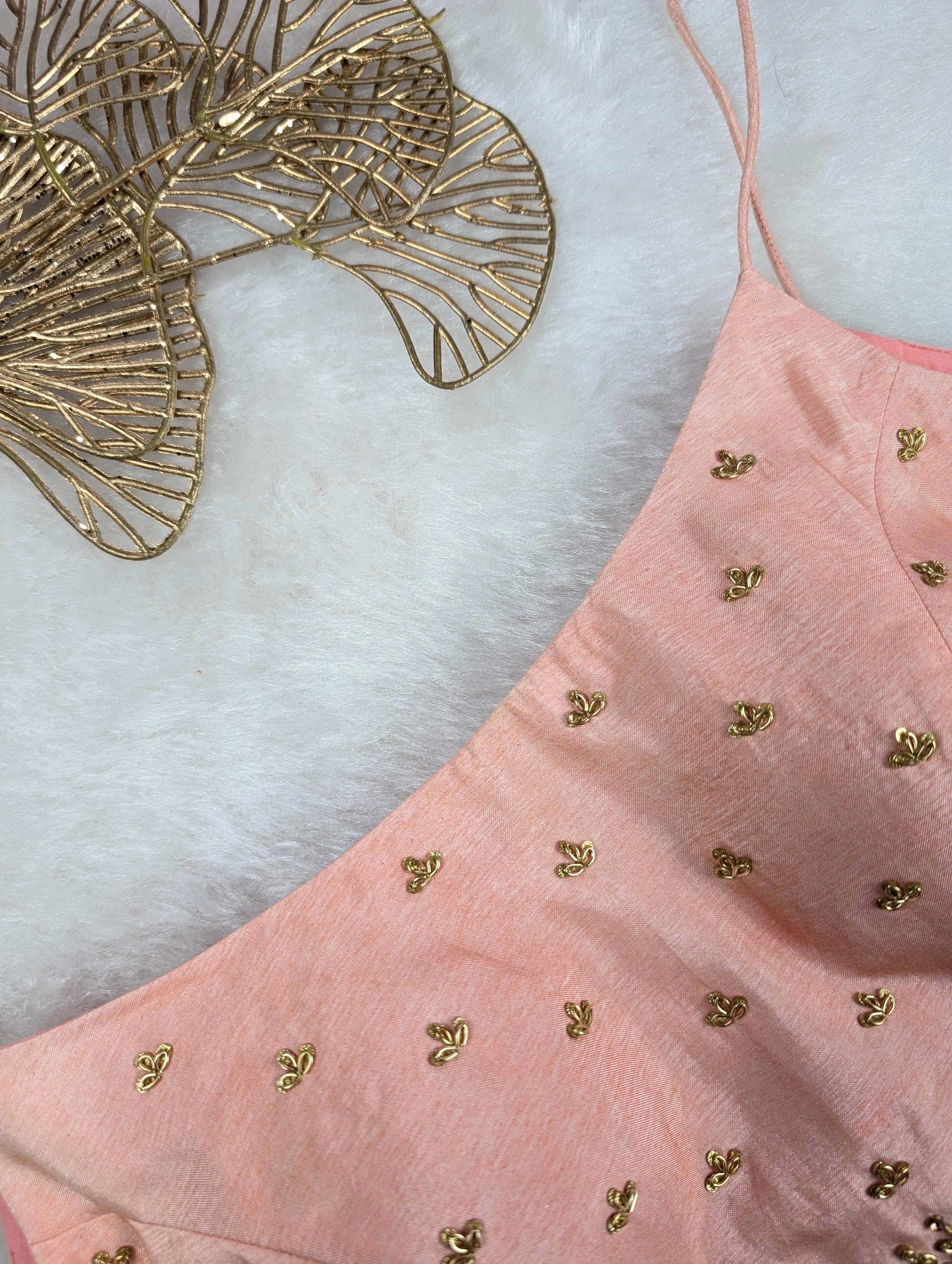 Light Peach Spaghetti Blouse with Mirror and Thread Work