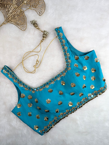 Turquoise Blue Blouse with Sequin and Mirror Embellishments
