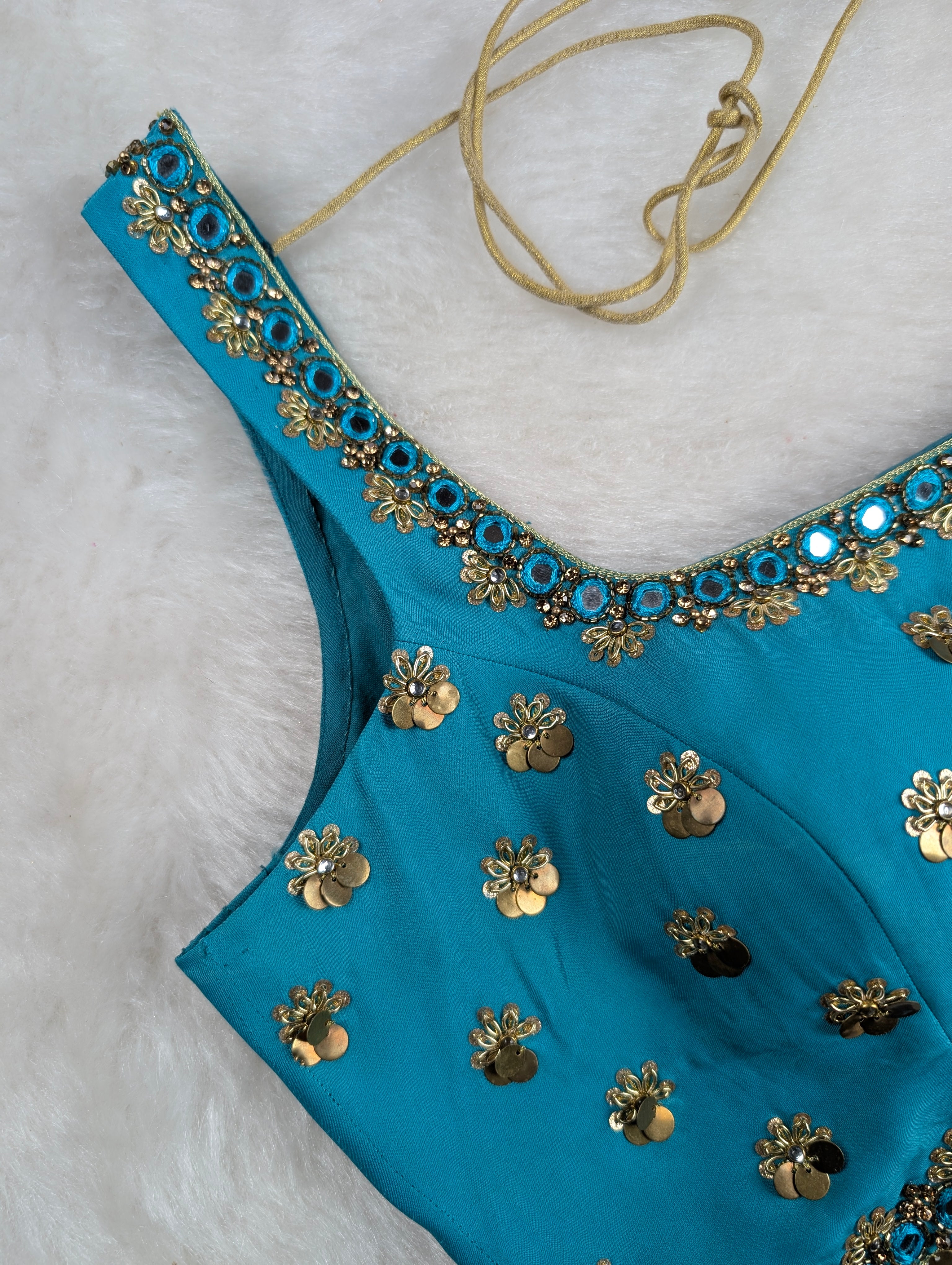 Turquoise Blue Blouse with Sequin and Mirror Embellishments