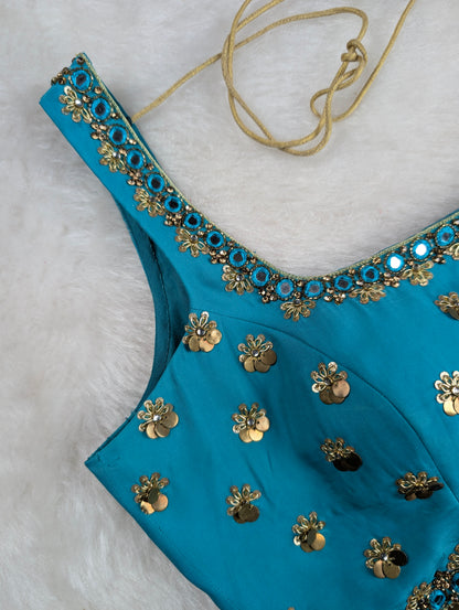 Turquoise Blue Blouse with Sequin and Mirror Embellishments