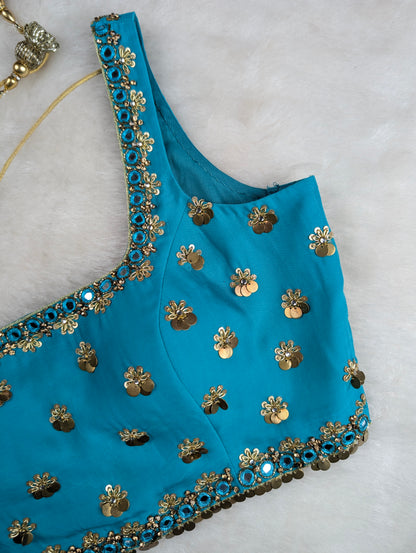 Turquoise Blue Blouse with Sequin and Mirror Embellishments