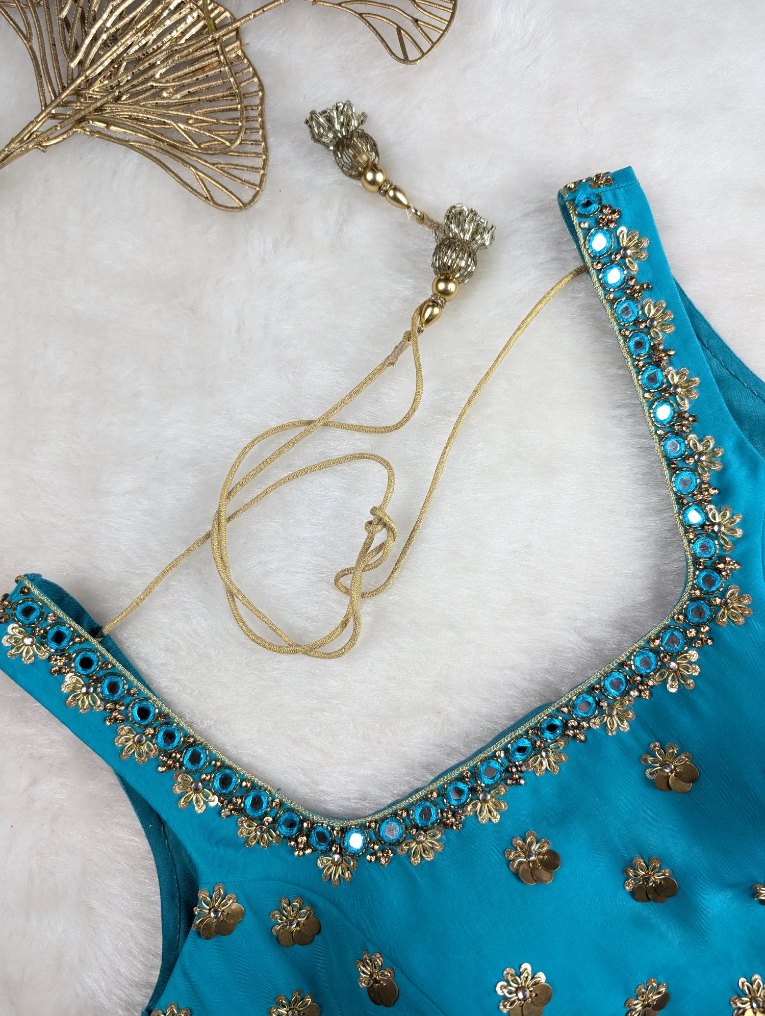 Turquoise Blue Blouse with Sequin and Mirror Embellishments