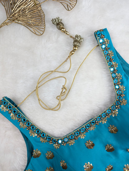 Turquoise Blue Blouse with Sequin and Mirror Embellishments