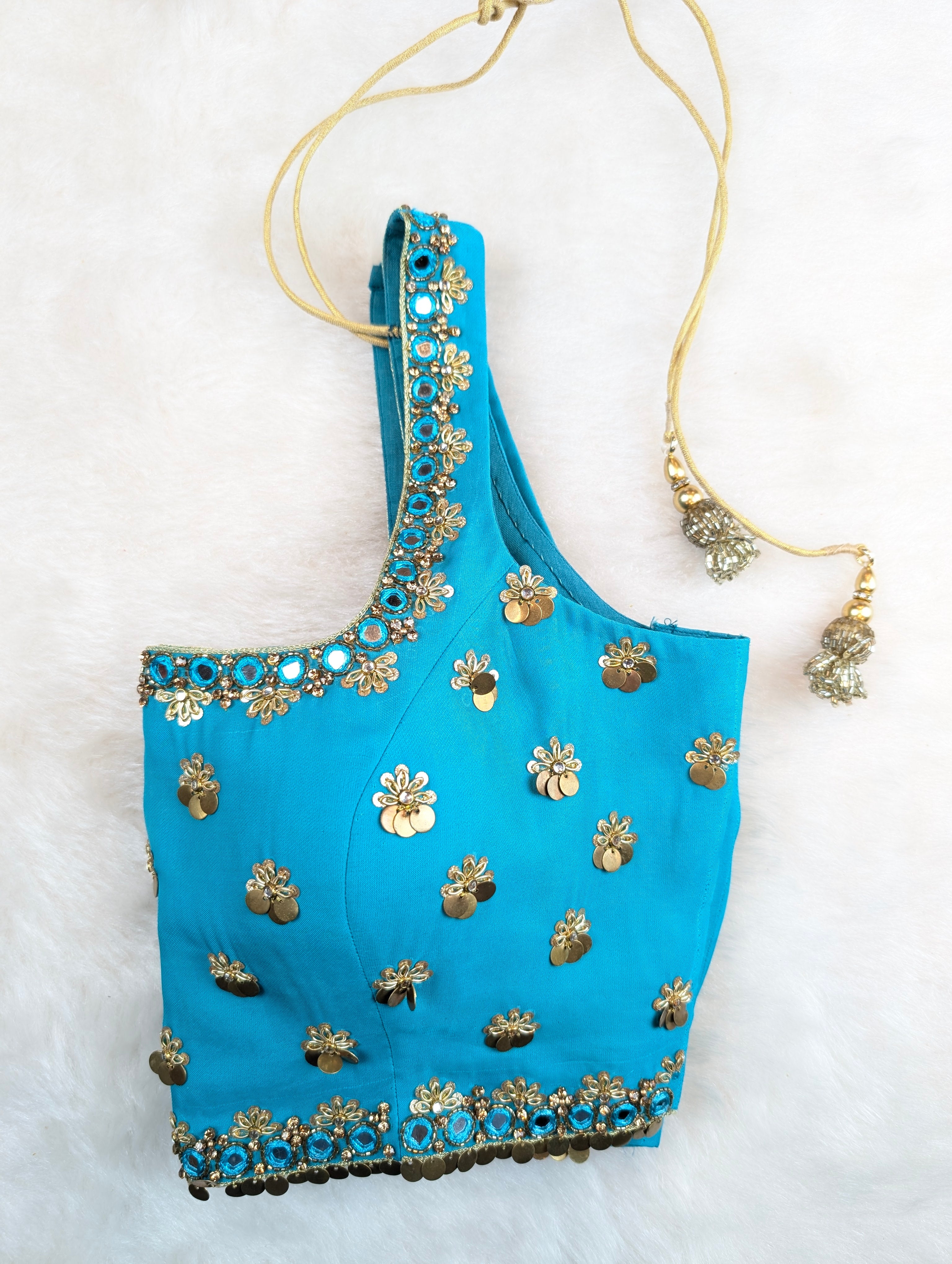 Turquoise Blue Blouse with Sequin and Mirror Embellishments