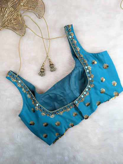 Turquoise Blue Blouse with Sequin and Mirror Embellishments