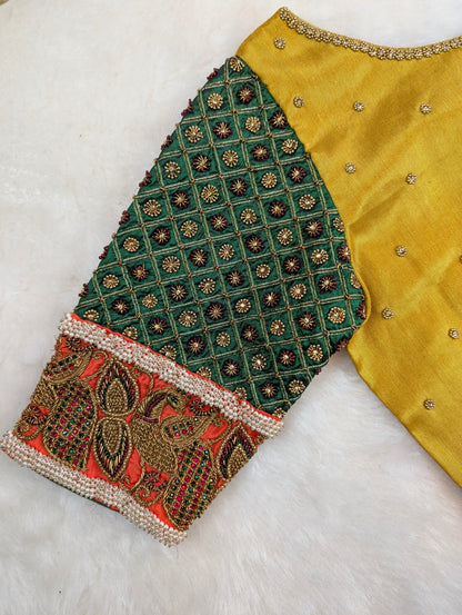 Golden Yellow Blouse with Rich Embroidered Sleeves