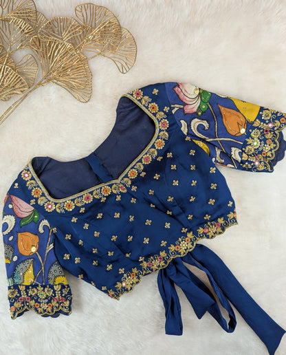 Navy Blue Hand Embroidered with Hand Pen Kalamkari Sleeves
