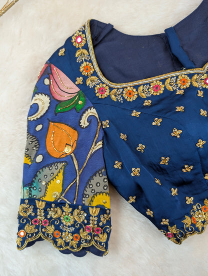 Navy Blue Hand Embroidered with Hand Pen Kalamkari Sleeves