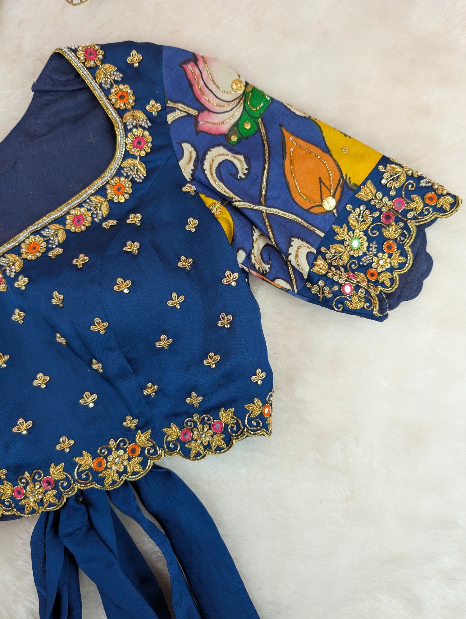 Navy Blue Hand Embroidered with Hand Pen Kalamkari Sleeves