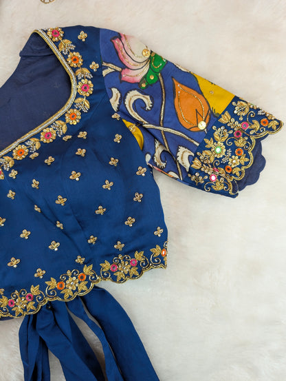Navy Blue Hand Embroidered with Hand Pen Kalamkari Sleeves