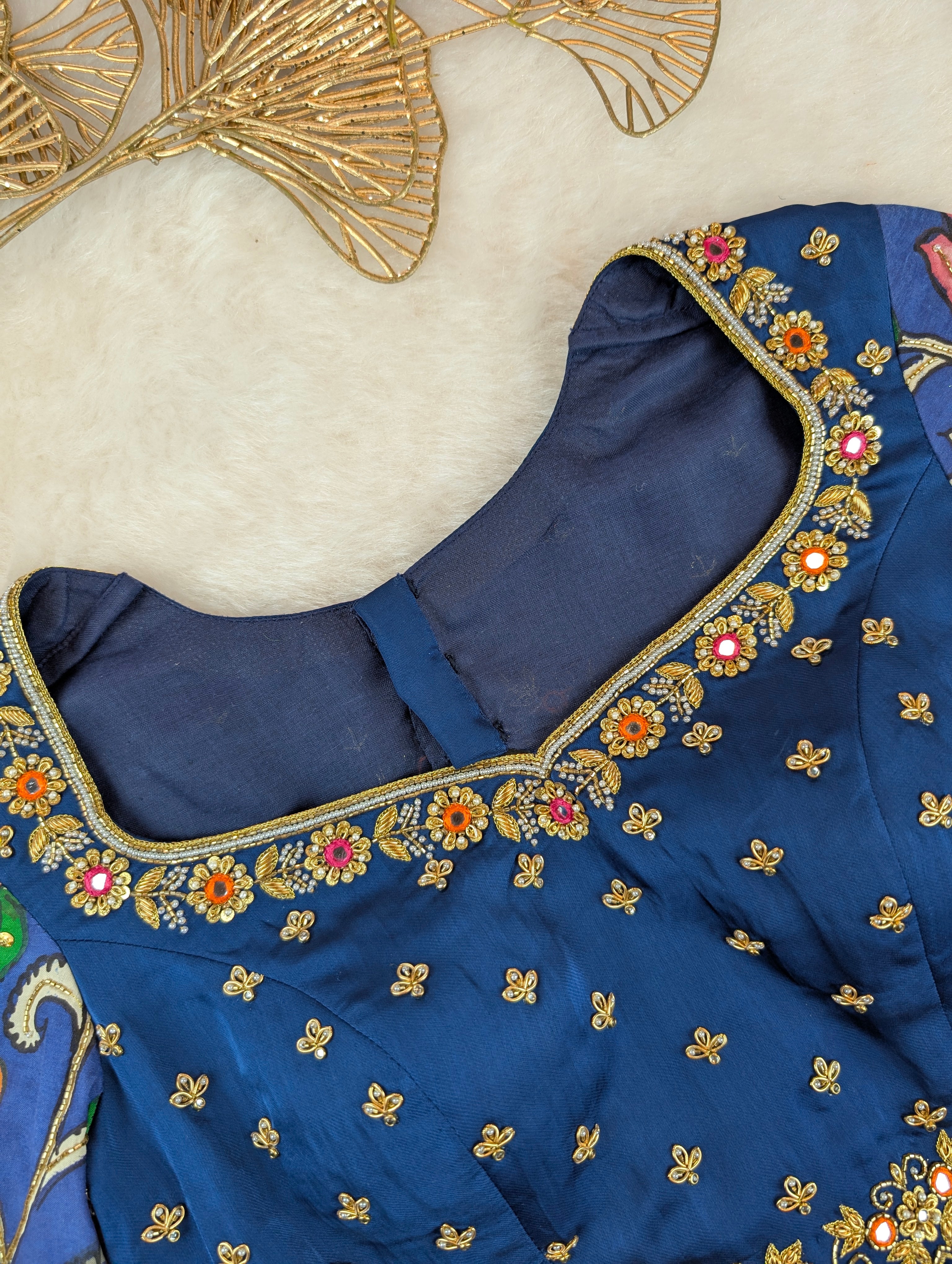 Navy Blue Hand Embroidered with Hand Pen Kalamkari Sleeves