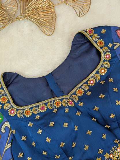 Navy Blue Hand Embroidered with Hand Pen Kalamkari Sleeves