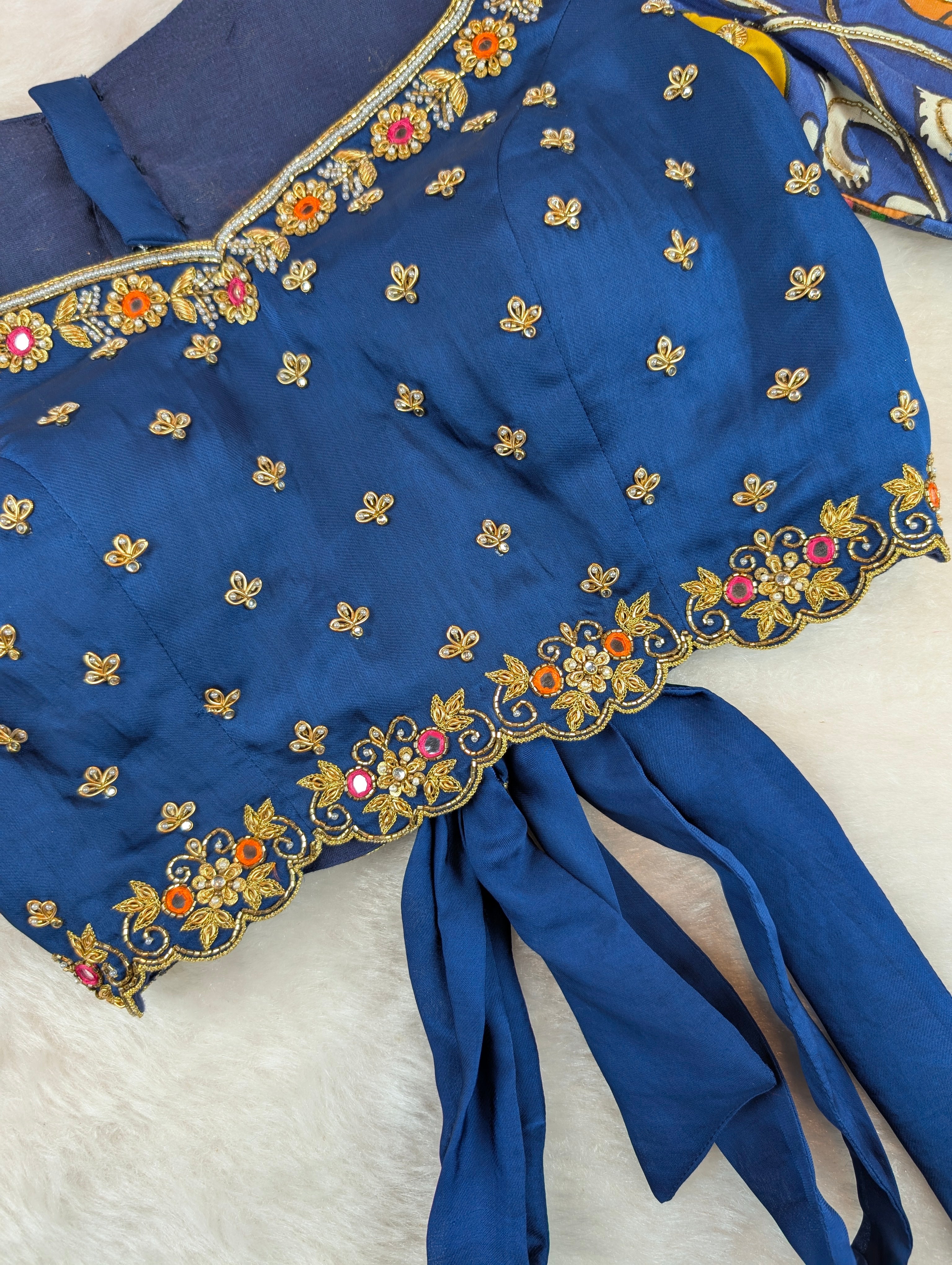 Navy Blue Hand Embroidered with Hand Pen Kalamkari Sleeves