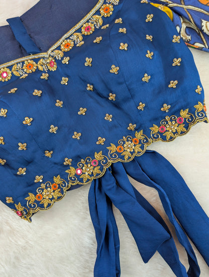 Navy Blue Hand Embroidered with Hand Pen Kalamkari Sleeves