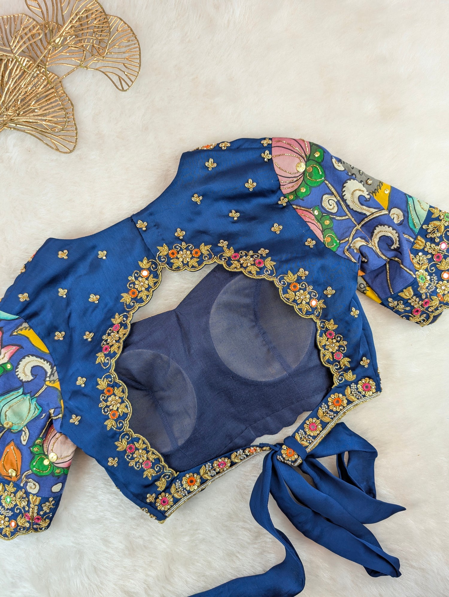 Navy Blue Hand Embroidered with Hand Pen Kalamkari Sleeves