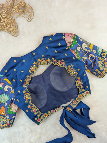Navy Blue Hand Embroidered with Hand Pen Kalamkari Sleeves
