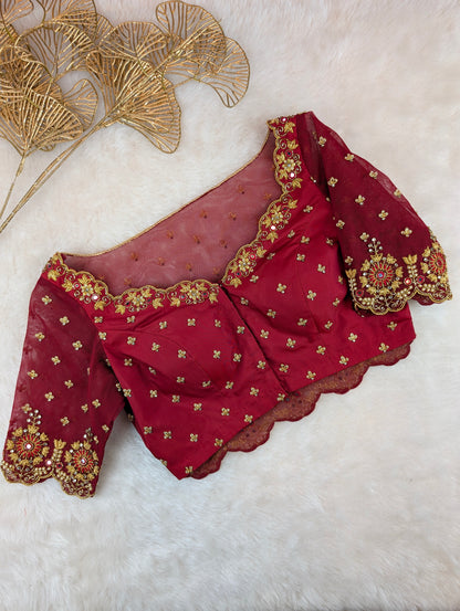 Maroon Net Heavy Hand Embroidered Blouse with Sheer Back