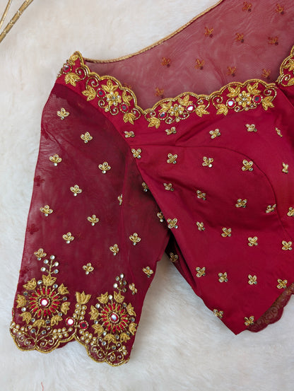 Maroon Net Heavy Hand Embroidered Blouse with Sheer Back