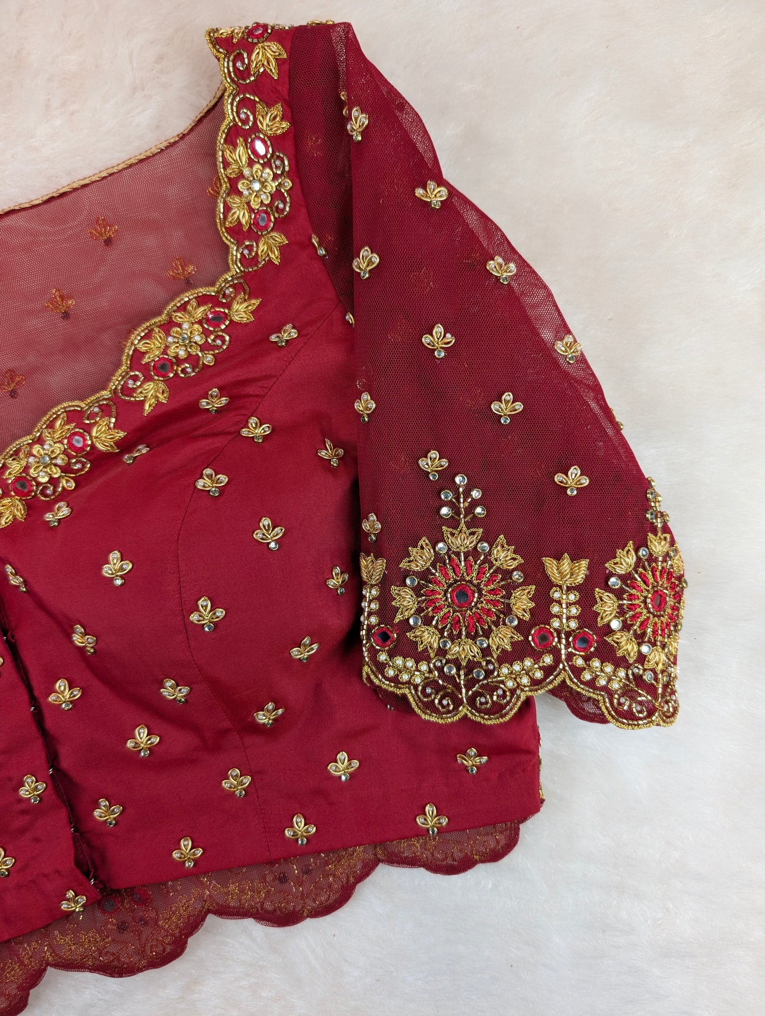 Maroon Net Heavy Hand Embroidered Blouse with Sheer Back