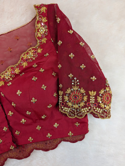 Maroon Net Heavy Hand Embroidered Blouse with Sheer Back