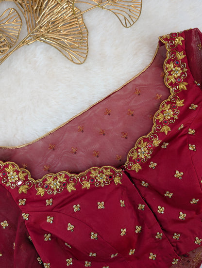 Maroon Net Heavy Hand Embroidered Blouse with Sheer Back