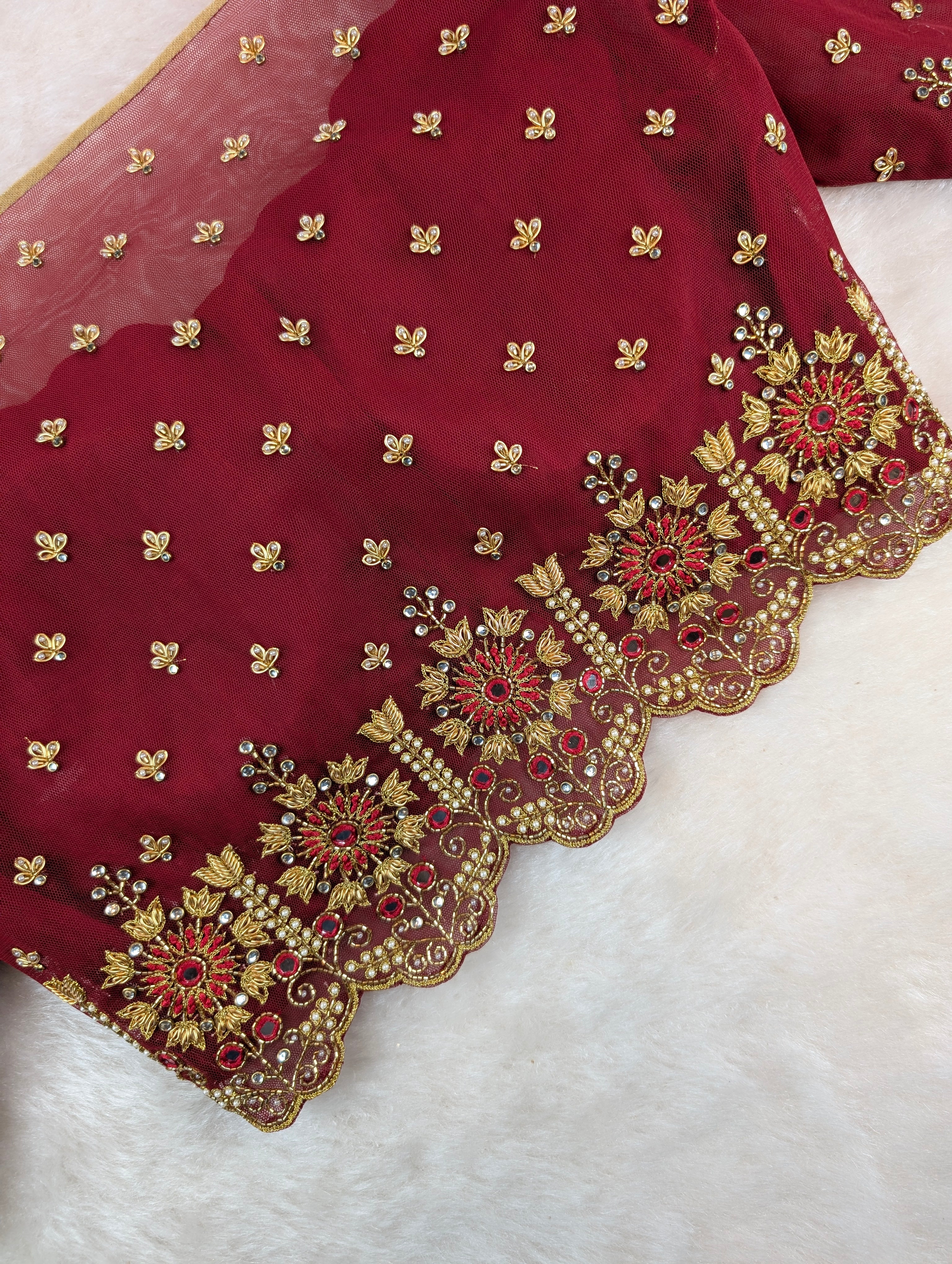Maroon Net Heavy Hand Embroidered Blouse with Sheer Back