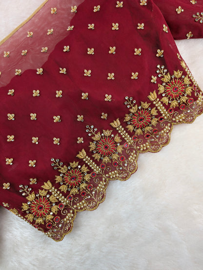 Maroon Net Heavy Hand Embroidered Blouse with Sheer Back