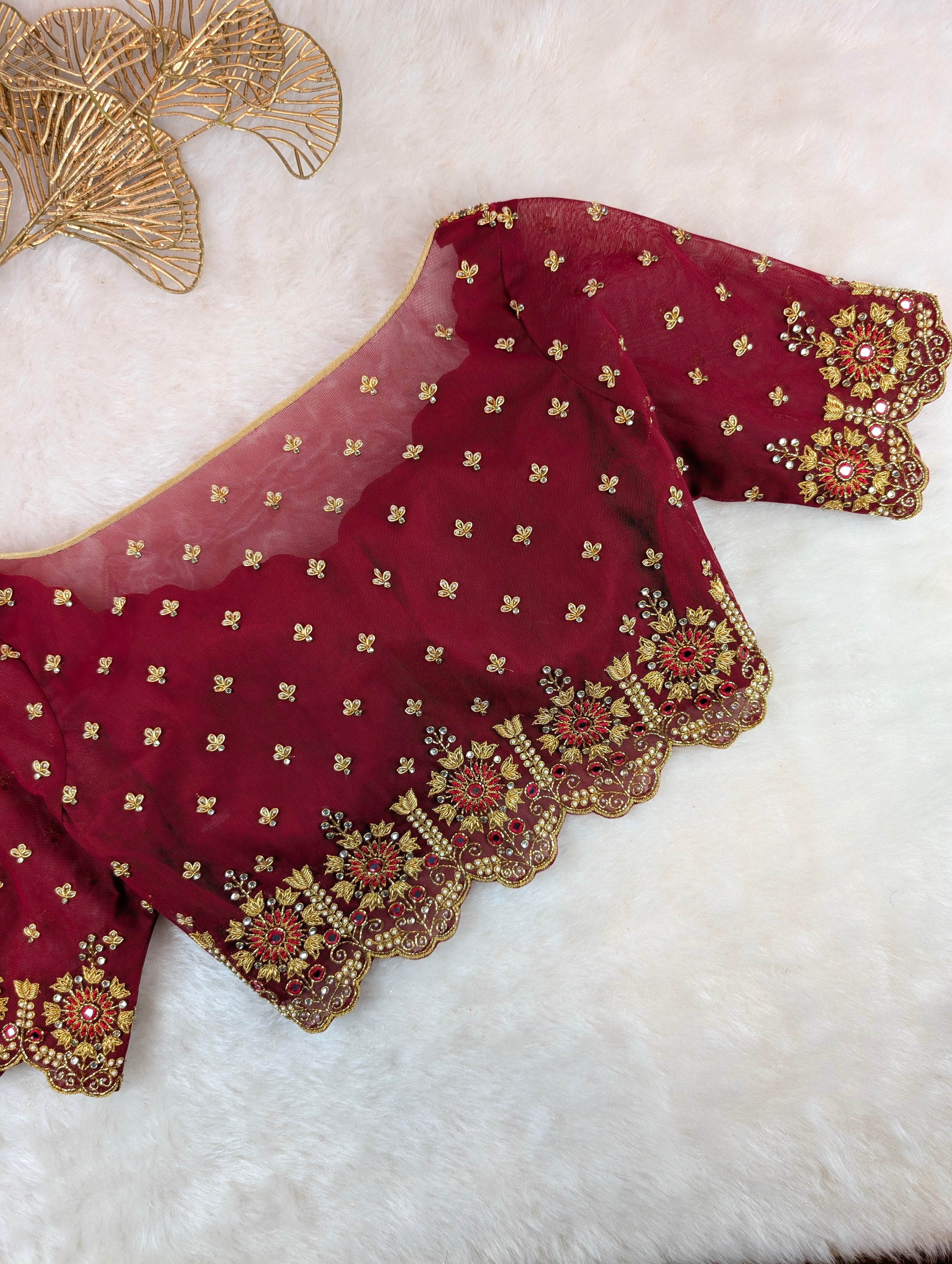Maroon Net Heavy Hand Embroidered Blouse with Sheer Back