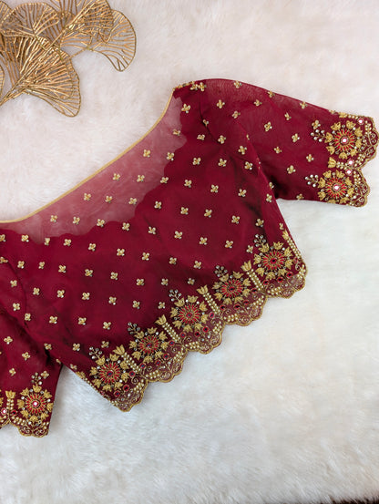 Maroon Net Heavy Hand Embroidered Blouse with Sheer Back