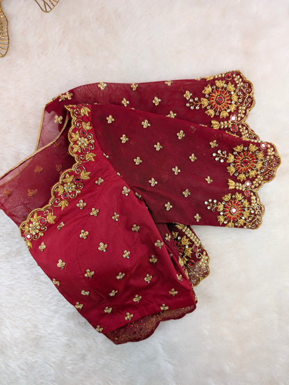 Maroon Net Heavy Hand Embroidered Blouse with Sheer Back