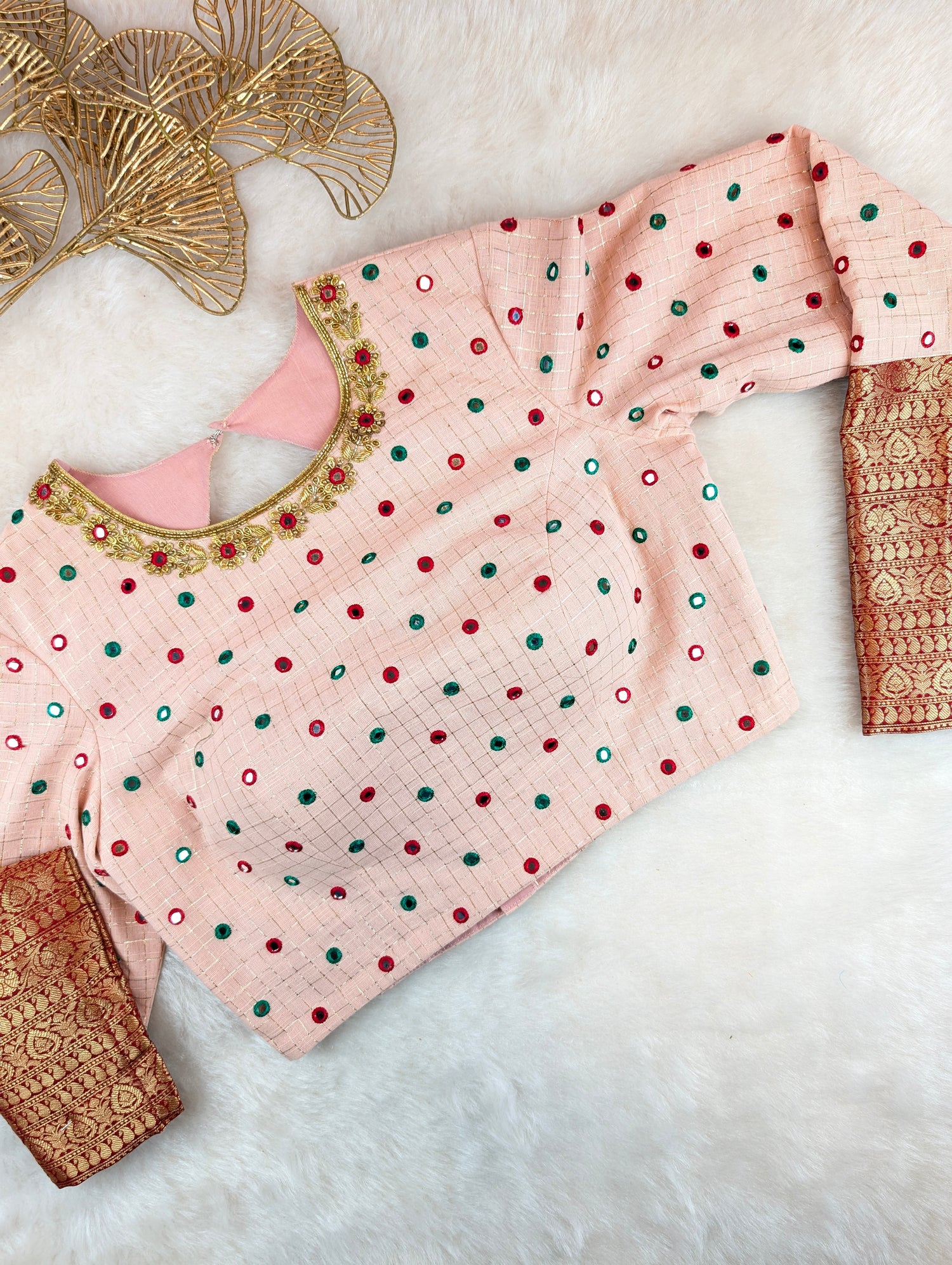 Peach Mirror Work Blouse with Brocade Sleeves
