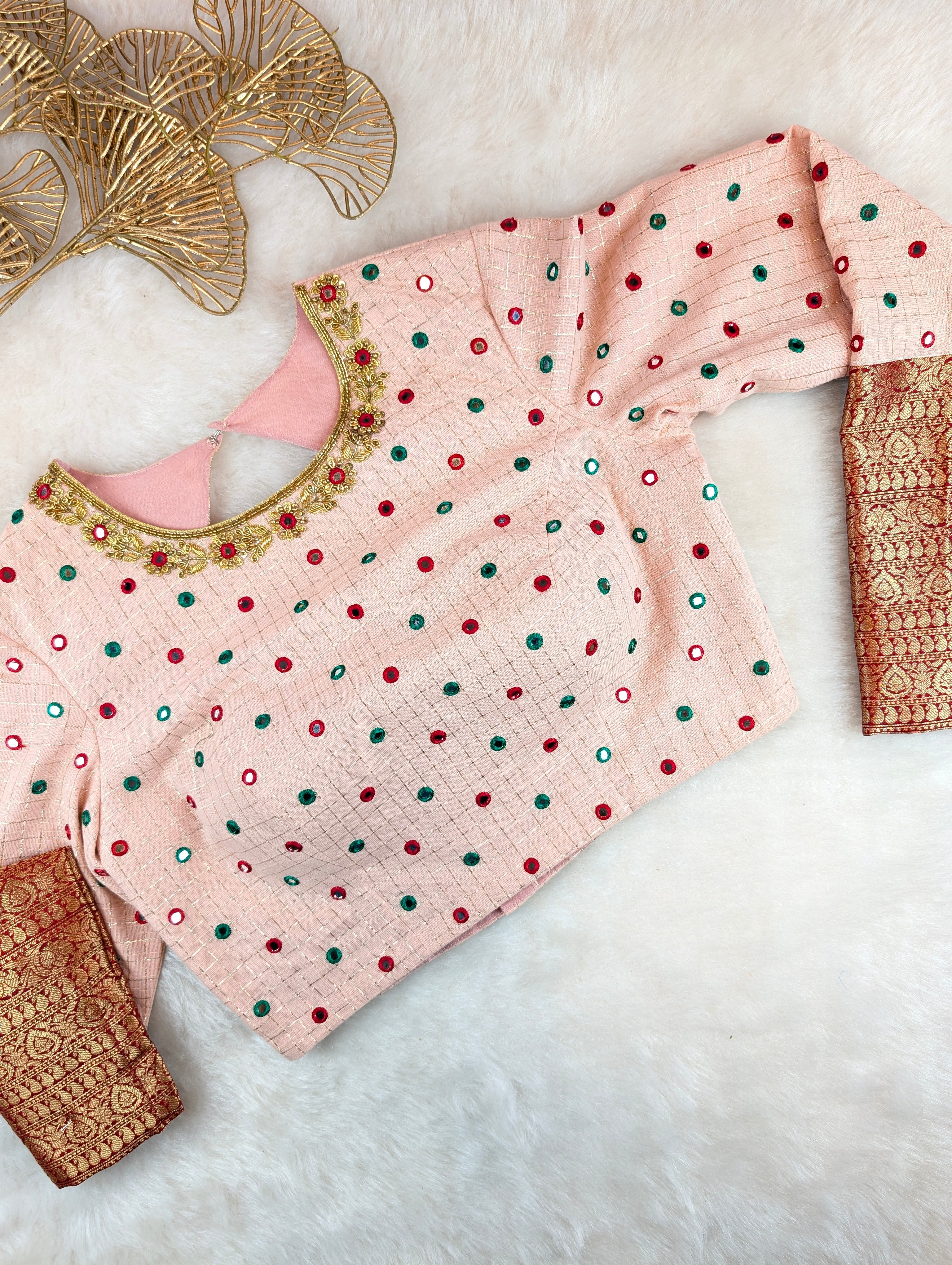 Peach Mirror Work Blouse with Brocade Sleeves