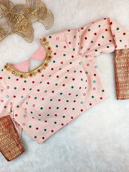 Peach Mirror Work Blouse with Brocade Sleeves