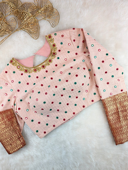 Peach Mirror Work Blouse with Brocade Sleeves
