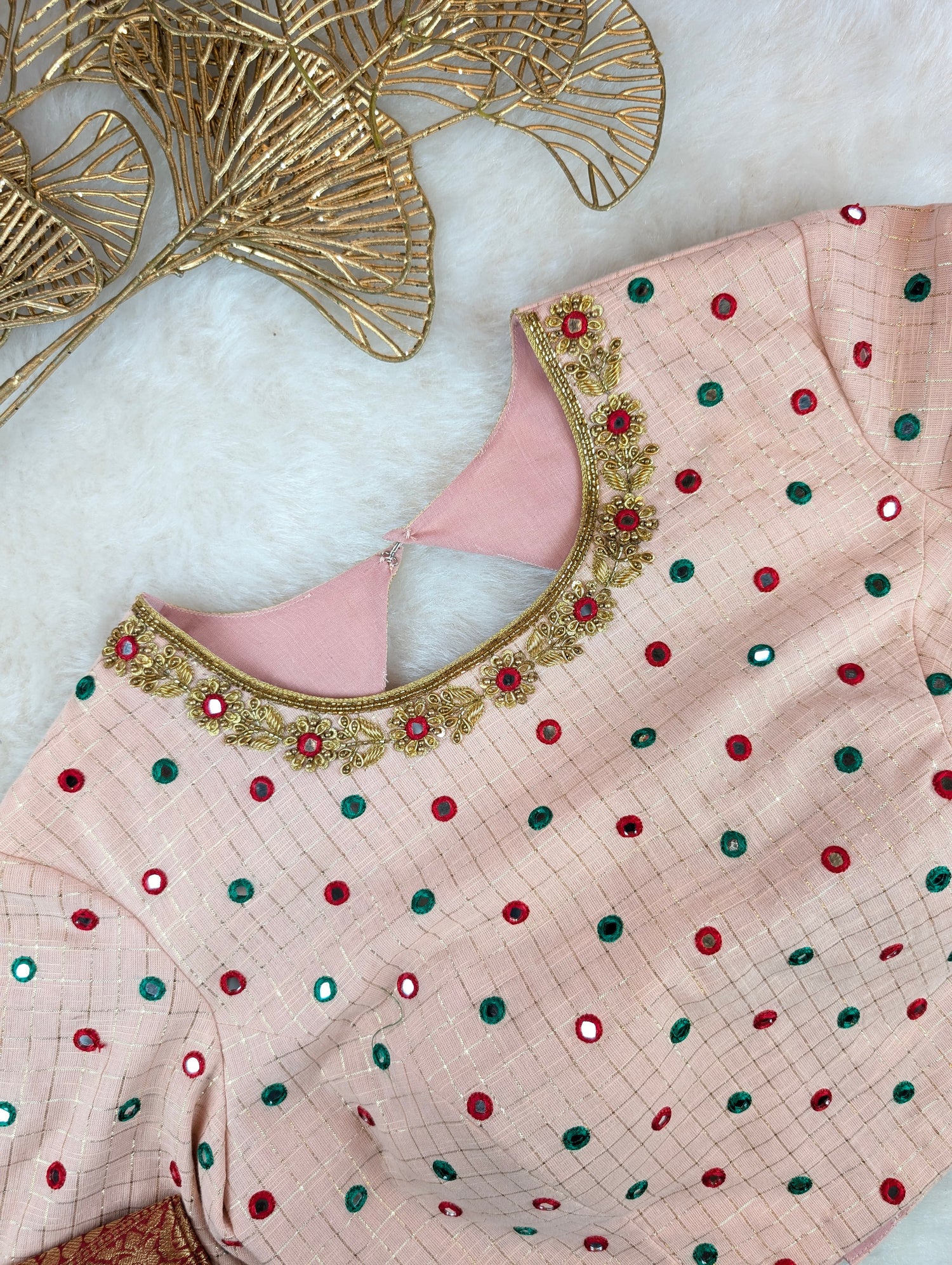Peach Mirror Work Blouse with Brocade Sleeves