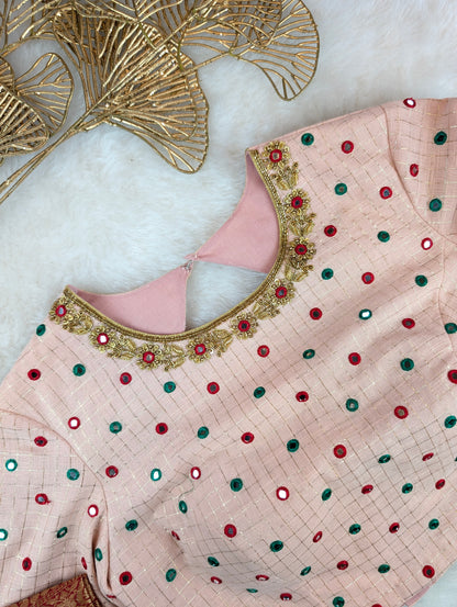 Peach Mirror Work Blouse with Brocade Sleeves