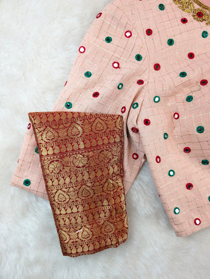 Peach Mirror Work Blouse with Brocade Sleeves